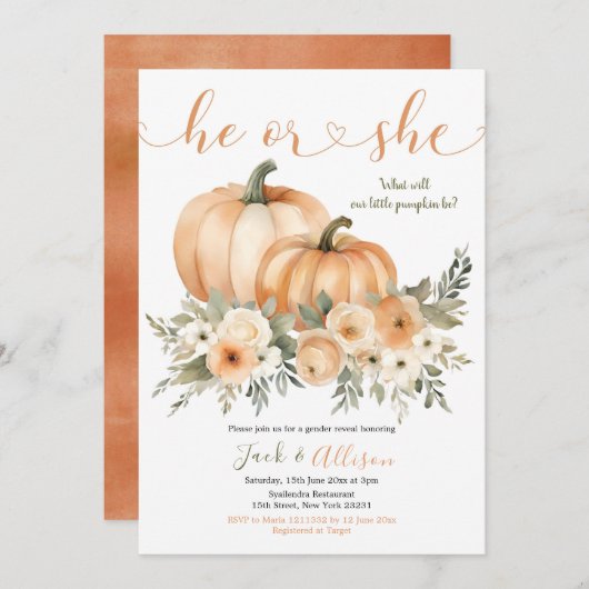 Er oder sie rustikale Fall Orange Pumpkin Gender-O Einladung (Vorne/Hinten)