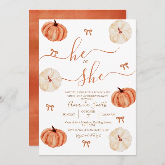 Er oder sie rustikale Kürbisgeschlechtsdarstellung Einladung (Vorne/Hinten)