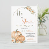 Er oder sie rustikale Orange Pumpkin Fall Gender-O Einladung (Stehend Vorderseite)