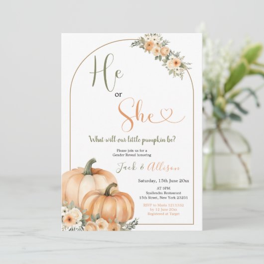 Er oder sie rustikale Orange Pumpkin Fall Gender-O Einladung (Stehend Vorderseite)