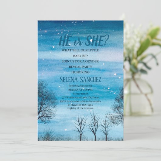 Er oder sie Snowflake Winter Wonderland Baby Dusch Einladung (Stehend Vorderseite)