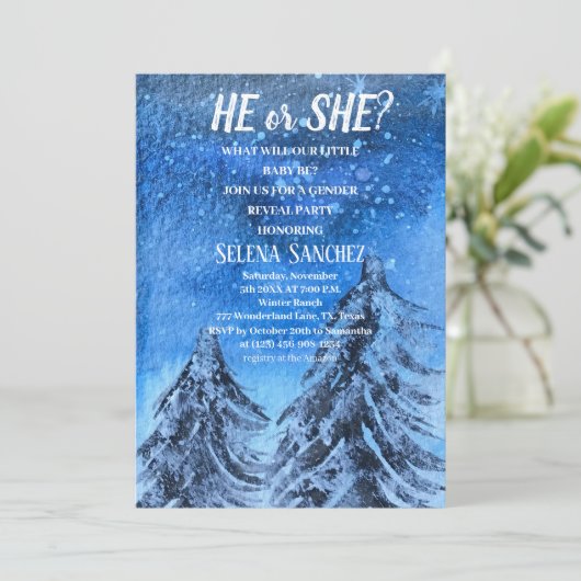 Er oder sie Snowflake Winter Wonderland Baby Dusch Einladung (Stehend Vorderseite)
