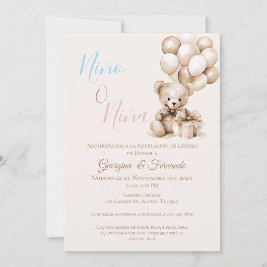 Er oder sie Teddy Bär mit Balloons Gender Reveal I Einladung (Vorderseite)