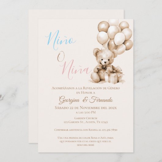 Er oder sie Teddy Bär mit Balloons Gender Reveal I Einladung (Vorne/Hinten)