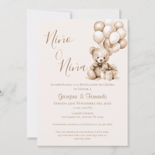 Er oder sie Teddy Bär mit Balloons Gender Reveal I Einladung (Vorderseite)