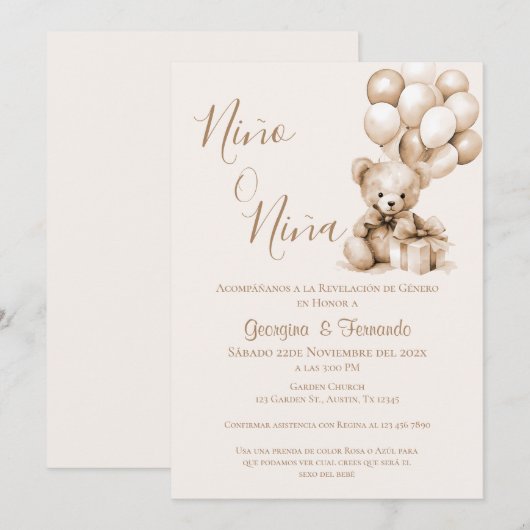 Er oder sie Teddy Bär mit Balloons Gender Reveal I Einladung (Vorne/Hinten)