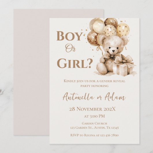 Er oder sie Teddy Bär mit Balloons Gender Reveal I Einladung (Vorne/Hinten)