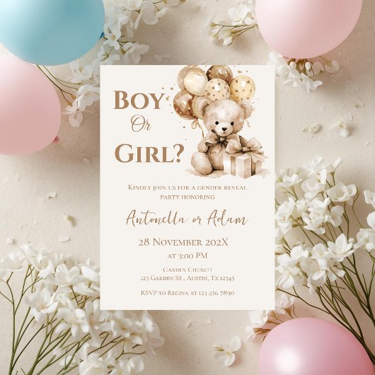 Er oder sie Teddy Bär mit Balloons Gender Reveal I Einladung