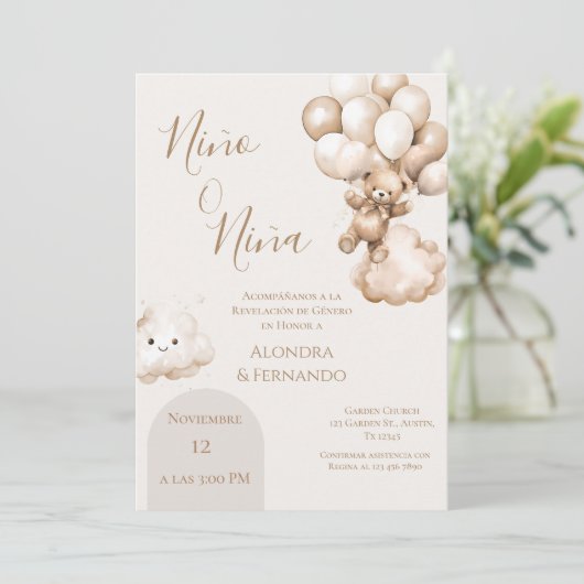 Er oder sie Teddy Bär mit Balloons Gender Reveal I Einladung (Stehend Vorderseite)