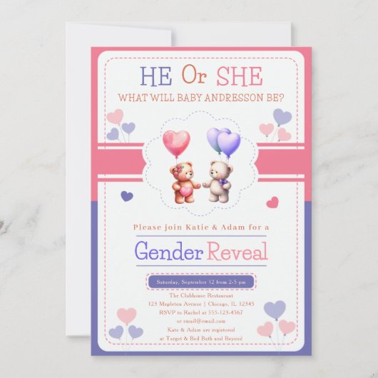 Er oder sie teddy Bären Balloons Genderdarstellung Einladung (Vorderseite)