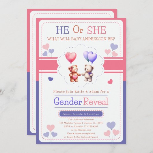 Er oder sie teddy Bären Balloons Genderdarstellung Einladung (Vorne/Hinten)