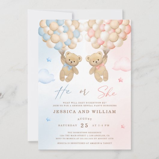 Er oder sie teddy bären Gender Reveal Einladung (Vorderseite)