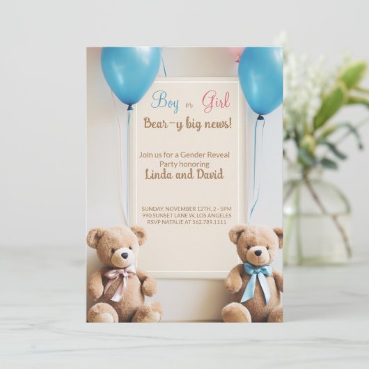 Er oder sie: Teddy Bären Gender Reveal Party Einladung (Stehend Vorderseite)