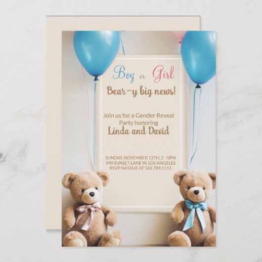 Er oder sie: Teddy Bären Gender Reveal Party Einladung (Vorne/Hinten)