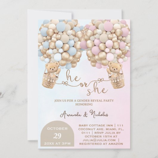Er oder sie teddy Bären mit Balloons Gender-Offenb Einladung (Vorderseite)
