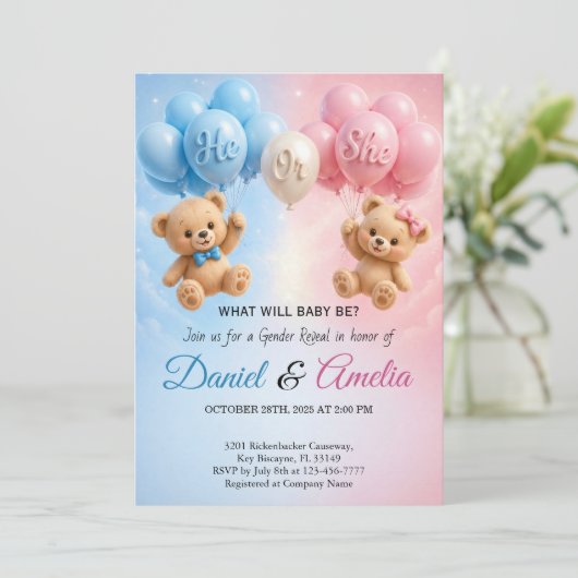 Er oder Sie Teddy Geschlechtsenthüllung Einladung (Stehend Vorderseite)