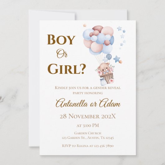 Er oder Sie Teddybär mit Ballons Geschlecht Enthül Einladung (Vorderseite)