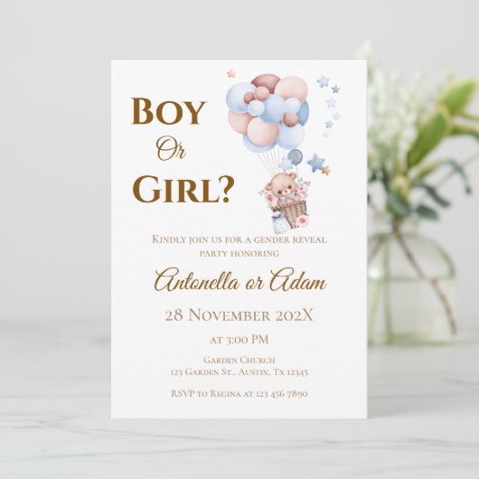 Er oder Sie Teddybär mit Ballons Geschlecht Enthül Einladung (Stehend Vorderseite)