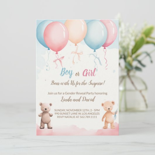 Er oder sie: Teddy's Gender Reveal Party Einladung (Stehend Vorderseite)