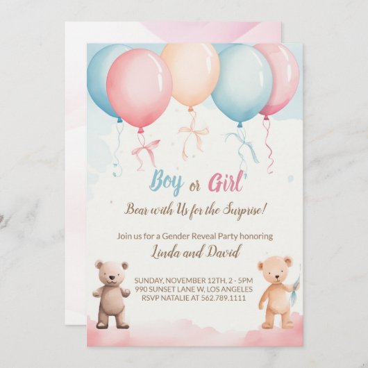 Er oder sie: Teddy's Gender Reveal Party Einladung (Vorne/Hinten)