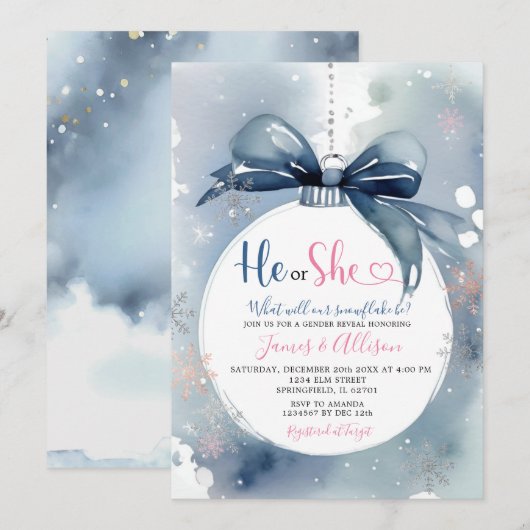 Er oder sie trosty Blue Winter Ornament Gender-Off Einladung (Vorne/Hinten)