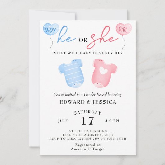 Er oder sie, was wird Baby Blue Pink Minimal Niedl Einladung (Vorderseite)