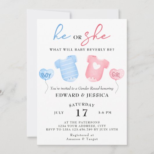 Er oder sie, was wird Baby Blue Pink Minimal Niedl Einladung (Vorderseite)