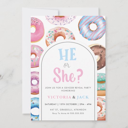 Er oder sie Watercolor Donut Pattern Geschlecht of Einladung (Vorderseite)