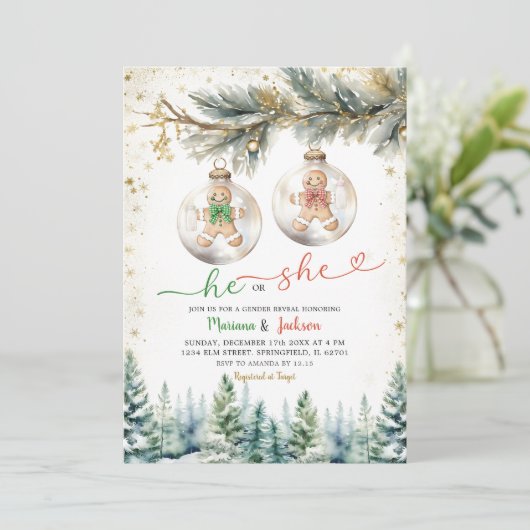 Er oder sie Weihnachten Baubles Gender Reveal Urla Einladung (Stehend Vorderseite)