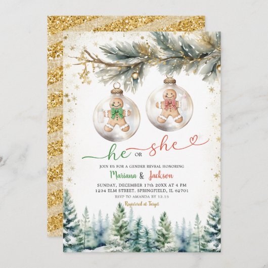 Er oder sie Weihnachten Baubles Gender Reveal Urla Einladung (Vorne/Hinten)