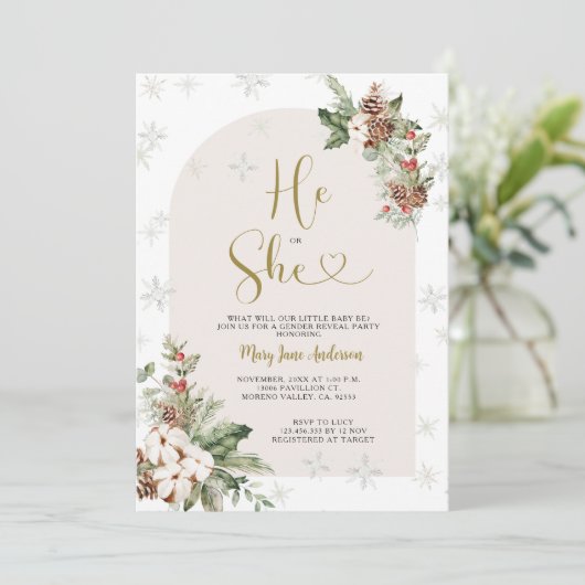 Er oder sie Weihnachts-Blumengeschlechtsdarstellun Einladung (Stehend Vorderseite)