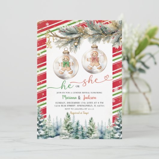 Er oder sie Weihnachts-Keks-Ornament Gender-Offenb Einladung (Stehend Vorderseite)