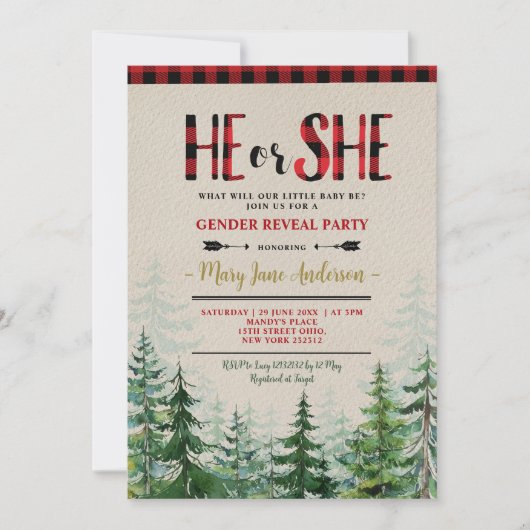 Er oder sie Winter Lumberjack Forest Gender Reveal Einladung (Vorderseite)