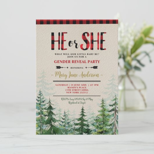 Er oder sie Winter Lumberjack Forest Gender Reveal Einladung (Stehend Vorderseite)