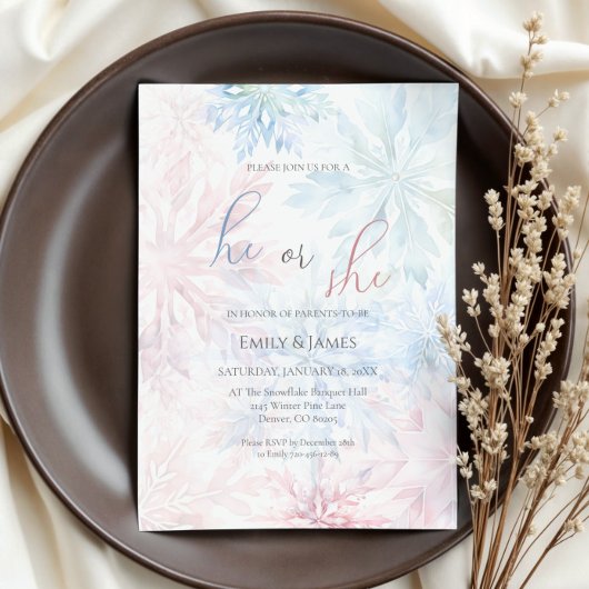 Er oder sie Winter Pink Blue Snowflake Gender Part Einladung