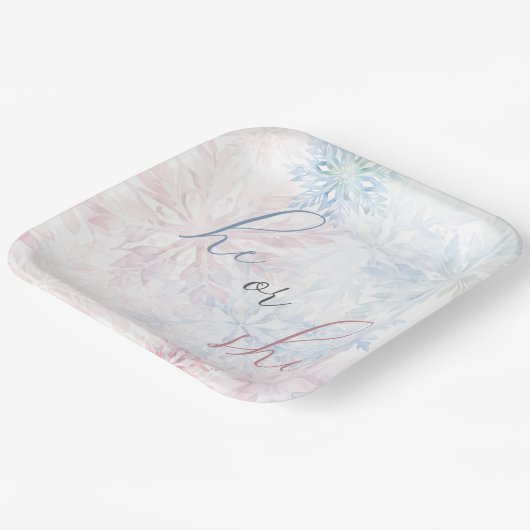 Er oder sie Winter Pink Blue Snowflake Pappteller (Gewinkelt)