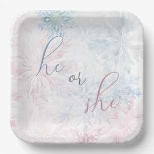 Er oder sie Winter Pink Blue Snowflake Pappteller
