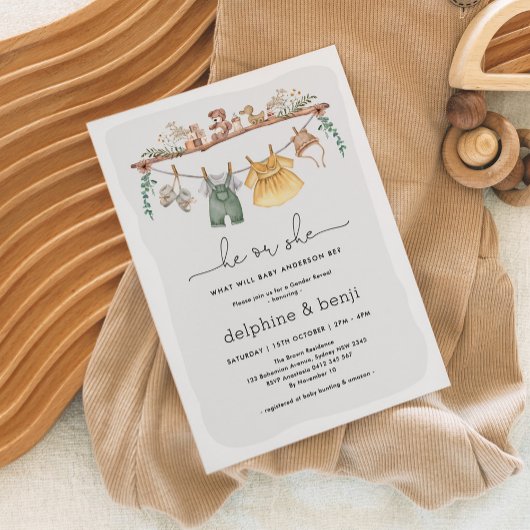 Er oder sie zeigen eine moderne Boho-Gender-Dusche Einladung