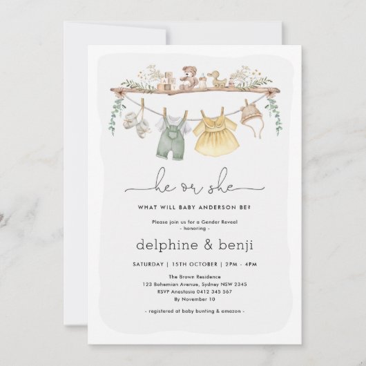 Er oder sie zeigen eine moderne Boho-Gender-Dusche Einladung (Vorderseite)