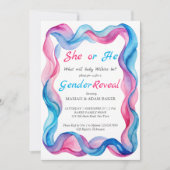 Er oder sie zeigen rosa und blau-gewellte Farbband Einladung (Vorderseite)