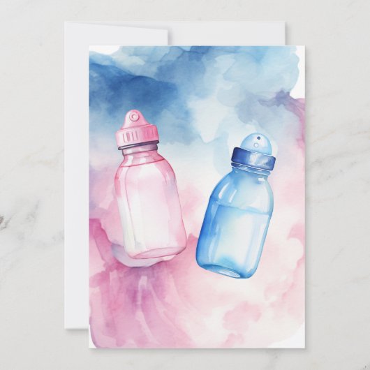 Er oder sie zeigt eine blaue und rosa Babyflasche Einladung (Rückseite)