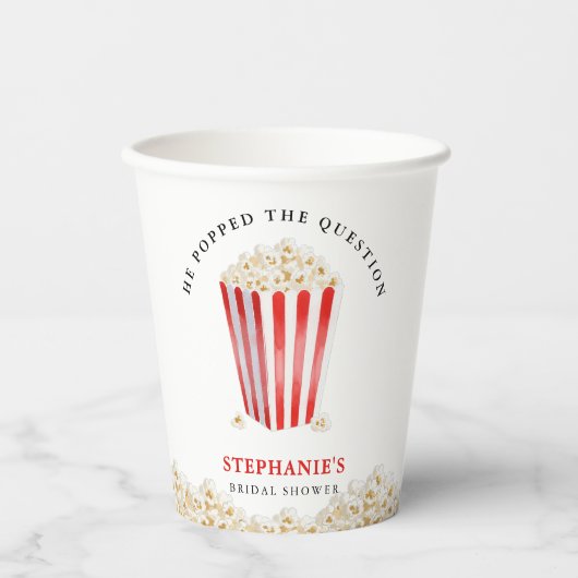 Er Poppte das Frage-Brautparty Popcorn Pappbecher (Vorderseite)