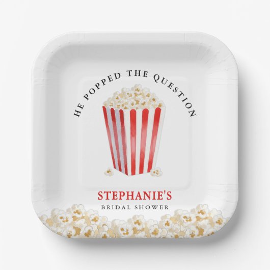 Er Poppte das Frage-Brautparty Popcorn Pappteller (Vorderseite)