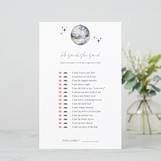 Er sagte: "Disco Ball Brautparty Game" (Stehend Vorderseite)