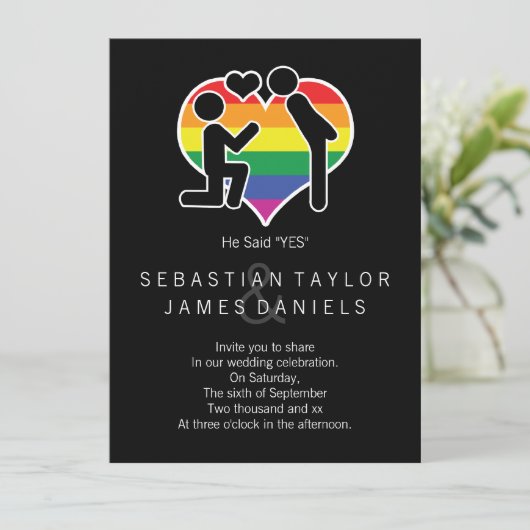 Er sagte ja Herrn und Herrn Vorschlag Gay Wedding Einladung (Stehend Vorderseite)