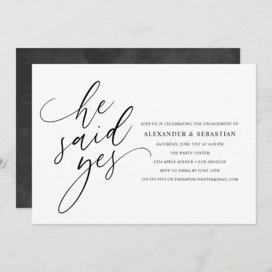 Er sagte Ja Moderne schwarze Schrift Engagement Pa Einladung (Vorne/Hinten)