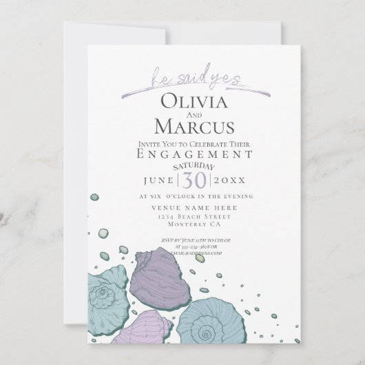 ER sagte ja Seashell Verlobung Lilac Dusty Blue Einladung (Vorderseite)