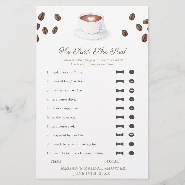 Er sagte, sie habe Brautparty-Spielkarte gesagt (Vorderseite)