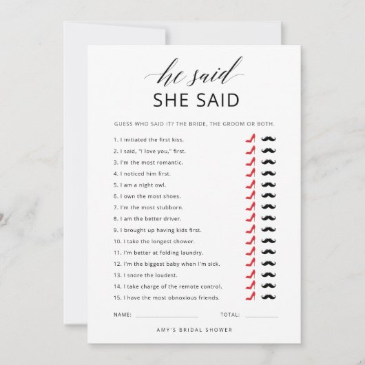 Er sagte, sie habe Skript-Brautparty-Game-Karte ge Einladung (Vorderseite)