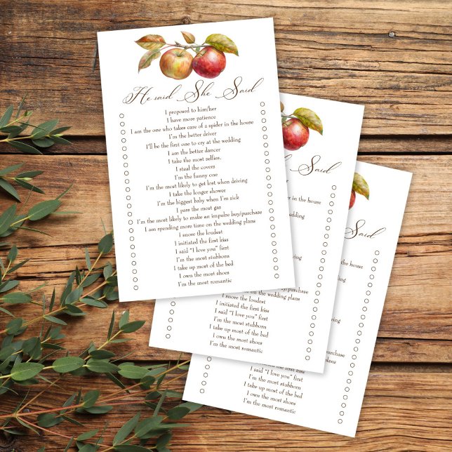 Er sagte, sie sagte, Apfelfall Brautparty-Spiel (He said she said apple fall bridal shower game cards appley ever after bridal shower games)